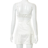 Women Summer Mini Dress Spaghetti Strap Lace Trim Corset Backless Satin Dress Retro Sexy Elegant Club Dresses Female