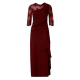 Women Elegant Lace Long Dress Sexy See Through Round Neck Mid Sleeve Dress Solid Color Evening Party Prom Dress Cocktail Gown