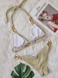 Halter Ribbed Metal Chains Diamond Bikini Women Swimsuit Female Swimwear Two-pieces Bikini Set Bather Bathing Suit Swim Lady