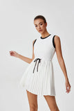 Summer Round Neck One-piece Tennis Dresses for Women White Contrast Sleeveless Drawstring Built-in Shorts Fitness Pleate Skirt