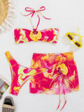 with Mesh Skirt 3D Flowers Halter Bandeau Bikini Female Swimsuit Women Swimwear Three-pieces Bikini Set Bathing Suit Beachwear