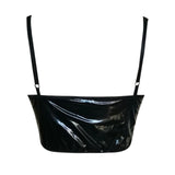 Womens Black Faux Leather Lace Trim Cami Tops Spaghetti Strap V Neck Bustier Crop Top Shiny Wet Look Camisole Sexy Nightclub Top