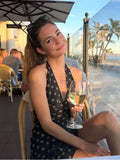 V Neck French Style Summer Women Dress Printed Boho Short Black Beach Dress Party Vintage Backless Tie Up Sexy Halter Dress 2025