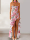 Women Summer Casual Tube Dress Fashion Solid Color/Floral Print High Low Ruffles Long Dresses with Scarf