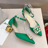 ZOKI Fashion Pearl Buckle Square Heels Pumps Women Pointed Toe Bling Crystal Party Shoes Woman Elegant Med Heels Bride Shoes