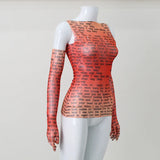 AHAgaga Sexy Tee T-shirt Women 2025 Summer Casual Letter Print Skinny See Through With Gloves Cropped Shirts Women Female Blusas