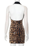 Sexy Halter Neck Off Shoulder Leopard Print Mini Dresses for Women Sleeveless Backless Sequins Skinny Party Night Club Dress
