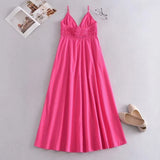 Foridol Elastic Smocking Green Cotton V Neck Summer Women's Dress Sleevless Long Green Maxi Casual Strapy Dress Solid Female