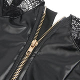 Black Sexy Lingeries Faux Leather Hollow Out Ruffled Lace Zipper Deep V-Neck Jumpsuits Adjustable Straps Elegant Women Bodysuits