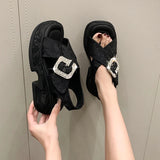 Fashion Crystal Buckle Platform Sandals Women Pink Embroidery Thick Heels Sandalias Mujer Comfortable Heightened Rome Sandals