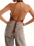 Women’s Solid Color Satin Cowl Neck Halter Tops Summer Fashionable Backless Slim Fit Going Out Vest