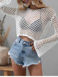 Mesh Crochet Beach Shirt Women Solid Cover Up Ladies Long Sleeve Tops 2026 Sexy Beachwear Bathers Swim Bathing Suit