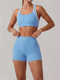 Summer 2 Pieces Yoga Sets Women Color Contrast Back I-shaped Shockproof Sports Bra High Waist Shorts Gym Fitness Suit Tracksuit