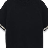 Fashion Casual Short-sleeve Knit Top With Black Short Sleeve Knit Top Gold Button Detail Round Neck Slim Fit Casual Sweater GRQ4