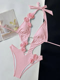 3D Flowers Pearl Deep V Neck Halter Backless Female Swimwear One Piece Swimsuit Women Monokini High Cut Bather Bathing Suit Swim