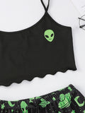 Sexy Alien Print Sling Sleepwear Women's Pajamas Set V-Neck Pyjamas Female Homewear Sleeveless Cute  Top And Shorts