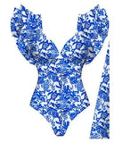 Sexy Ruffle Shoulder Swimsuit V-Neck Swimwear Women Backless Push Up Bathing Suit  Beach Wear 2024 Female Swimming Suit