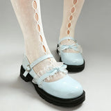 2026 Plus size 47 Sweet Blue Lace Ruffles Mary Janes Shoes Women Gothic Black Bow Knot Cute Lolita Cosplay Flats Casual Shoes