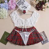 Toucheart Sexy Lingerie Suit for Women Lace Mesh See-through Lace Up Top Plaid Pleated Skirt Halter Women's Underwear Set New