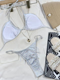 2026 New Sexy Bikini Women White Shiny Tassels Swimwear Swimsuit Halter Bikinis Set Bathing Suit Beach Vacation Bikini Female