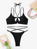 Sexy Halter Cross Bikini 2026 Women String Trikini Set Hollow Out Swimsuit Solid Swimwear Female Lady Bathing Swimming Swim Suit