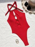 sexy front cross hollow swimsuit one piece solid halter tie bikinis thong swimwear bodysuits women biquini bathing suits 7 color