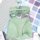 Wrap Around with Mesh Sarong Skirt Bikini Female Swimsuit Women Swimwear Three-pieces Bikini Set Beachwear Bathing Suit Swim