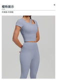 2 Pieces Women Tracksuit Yoga Set Spring Summer Short Sleeve Hollow Out Slim Sports Top High Waist Leggings Running Fitness Suit