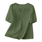 Women Summer Loose Embroidered V Neck Solid Color Short Sleeved Comfortable Button Down Shirt Top женская одежда