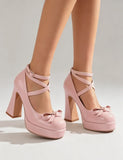 Big Size 45 Women's Sweet Pink Mary Jane 10.5cm High Heels Pumps Lolita Round Toe Bow Cross-Strap Platform Chunky Heel Shoes