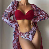 Boho Style Women's 3 Pieces Swimsuit Floral Bikini Set+Long Sleeve Cover-Up Swimwear Sexy Low Waist Tankinis Beachwear Holiday