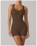 Cross Exposed Back Shaping Nude Yoga Jumpsuit Women Summer Sleeveless Pleate Slim Hip Lifting Short Sport Fitness One Piece Suit