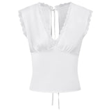 New Women Sleeveless Shirts Satin Lace Trim Deep V Neck Cropped Tops Blouses for Going Out Party Street Summer Vest