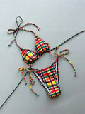 Sexy Plaid Halter Bikini Female Swimsuit Women Swimwear Two-pieces Bikini set High Leg Cut Padded Bather Bathing Suit Swim V7930