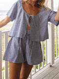 2 Piece Sets Women's Loungewear Front Toe-up Plaid Short Sleeve Shirts Tops and Shorts Sets Summer Y2K Casual Loose Streetwear