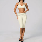 Summer Polka Dot Yoga Sets Women Hanging Neck Shockproof Sports Bra Fitness Suit Folding High Waist Mid Pants Gym Tracksuit
