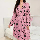 Women's Heart Printed Robe Soft Belted Kimono Bathrobe Mid Length Shower Spa Loungewear Cozy Long Sleeve Pajamas