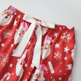 Women's 2025 Christmas Pajama Sets Fashionable Santa Printed Front Tie Ruffle Tops with Pants Two Pieces Soft Sleepwear