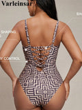 S - XL Printed Underwired V Neck Women Swimwear One Piece Swimsuit Female Lace Up High Leg Cut Bather Bathing Suit Swim V7552