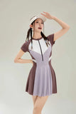 New Sports One-piece Fashionable Swimsuit for Women, Color Blocked High Waist, Belly Covering, Slimming Skirt, Vacation Swimsuit