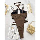 Cut Out Halter Mini Micro Thong High Leg Cut One Piece Swimsuit Women Swimwear Female Monokini Bather Bathing Suit Swim V5748
