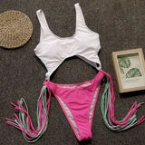 Splicing High Cut Out One Piece Swimsuit Women Tassel Swimwear Female Sexy Bathing Suit String Leopard Bikini 2025 Monokini Lady