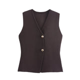 Foridol Gold Button Knitted Tank Top Women Autumn Winter Burgundy Short Vest Sleeveless V Neck Chic New Fashion Tops
