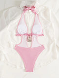 Sexy Pink Swimwear Women 2026 Metal Circle Hollow Out Backless Thong Bikini Beach Bathing Suit Holiday Pleate One Piece Swimsuit