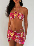 with Mesh Skirt 3D Flowers Halter Bandeau Bikini Women Swimsuit Female Swimwear Three-pieces Bikini Set Bathing Suit Beachwear