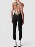 High Stretch Body Shaping Yoga Jumpsuit Women Black Patchwork Hollow Out Back Cross Fitness Sports One Piece Workout Bodysuits