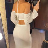 Sexy Knitted Sling Long Skirts Woman's Set Casual Slim Solid Lace Up Tube Tops Slit Skirt Sets Female Summer Beach Dress V6187
