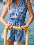 Gingham Printed Jumpsuit Women 2025 Summer Spring Wide Leg Casual Overalls for Women Cotton Linen Romper Pockets Playsuit