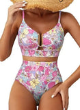Women Sexy Floral Bikini High Waist Tummy Control Floral Bikini U Line Cross Back Padded Bikini Two Piece Beach Swimsuit