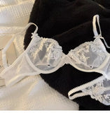 French Lace Bra & Panty Set w/Steel Rings Ultra-Thin Push-Up Bralette Small Bust Sheer White Sexy Lingerie Pure Seductive Style